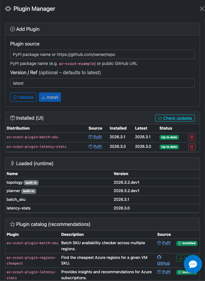 Plugin manager UI showing a list of installed plugins with install/uninstall buttons
